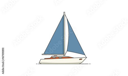 Stylized illustration of a modern sailboat with large blue sails and a white hull.