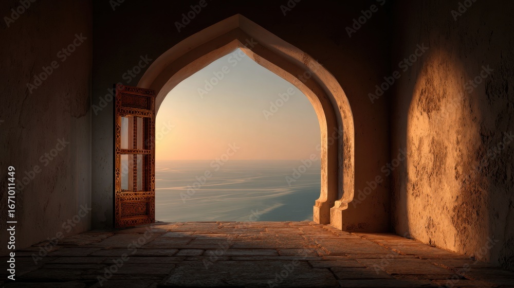 Obraz premium Sunset View Through an Arched Window in a Historic Building with Warm Lighting