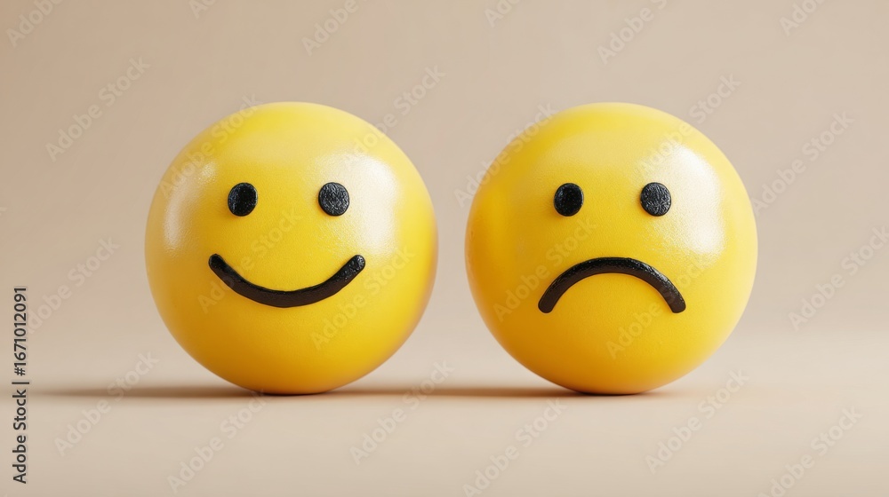 © Anastasija - Smile normal and sad emotion face for customer evaluation and client satisfaction concept by 3d render.