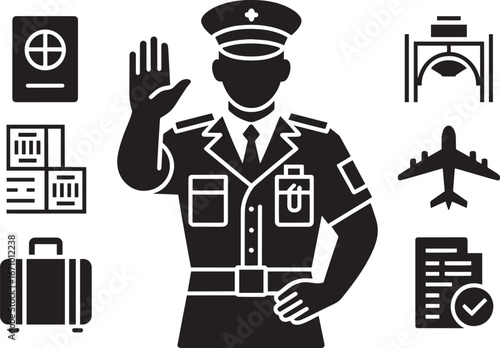 Airport Security Officer Icon Set with Passport, Luggage, and Airplane Vector Design