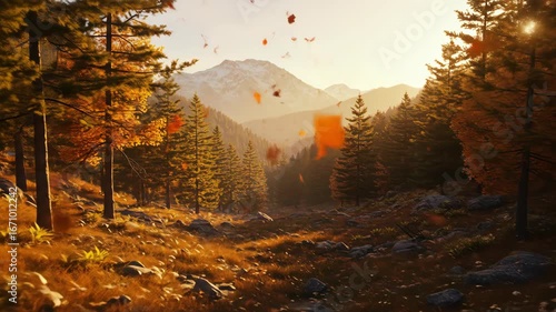 Falling Leaves in Forest Landscape with Distant Mountains Slow Motion