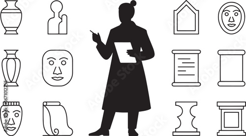 Archaeologist Silhouette with Artifacts and Historical Objects for Cultural Studies