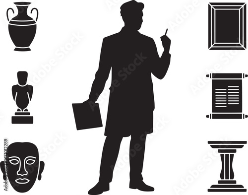 Archaeologist Silhouette with Ancient Artifacts for Historical Research and Discovery