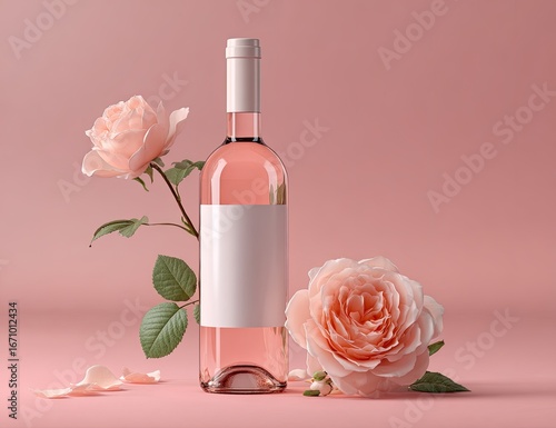 Pink wine bottle, rose flowers, pastel background