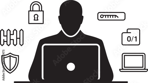 Cyber Security Specialist Icon Set with Laptop, Lock, and Shield Vector Illustration