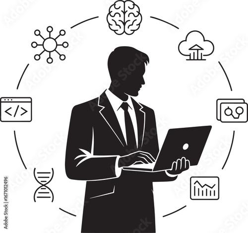 Data Scientist Silhouette with AI, Cloud Computing, and Code Icons on Transparent Backdrop