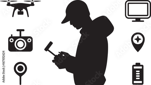 Drone Operator Silhouette with Remote Control, Monitor, Battery, and Location Icons