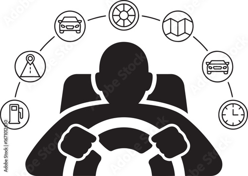 Driver's Journey Icons Steering Wheel Car Navigation Fuel Time Destination Road Trip Concept