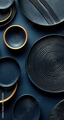 Dark navy blue and gold dinnerware, flat lay