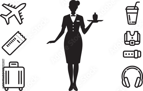 Flight Attendant Silhouette with Airplane and Travel Icons for Airline Industry Design