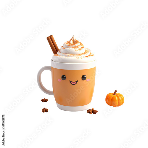 pumpkin spice latte with whipped cream and cinnamon stick, 3D style, white background