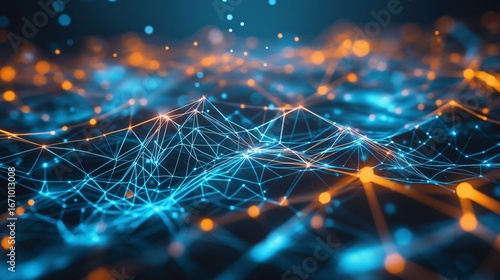 Future technology sense Internet big data background diagram -- blue and orange luminous nodes and connecting lines