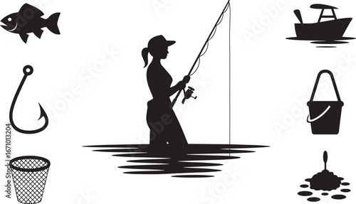 Silhouette of a Female Angler Fishing with Gear on a Transparent Backdrop for Stock Use