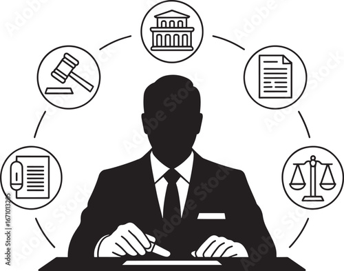 Silhouette of a Lawyer with Legal Icons Representing Justice and Legal Processes