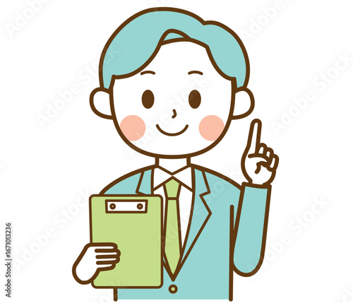 書類を持ってポイントを説明するスーツを着た男性のイラスト