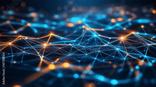 Future technology sense Internet big data background diagram -- blue and orange luminous nodes and connecting lines