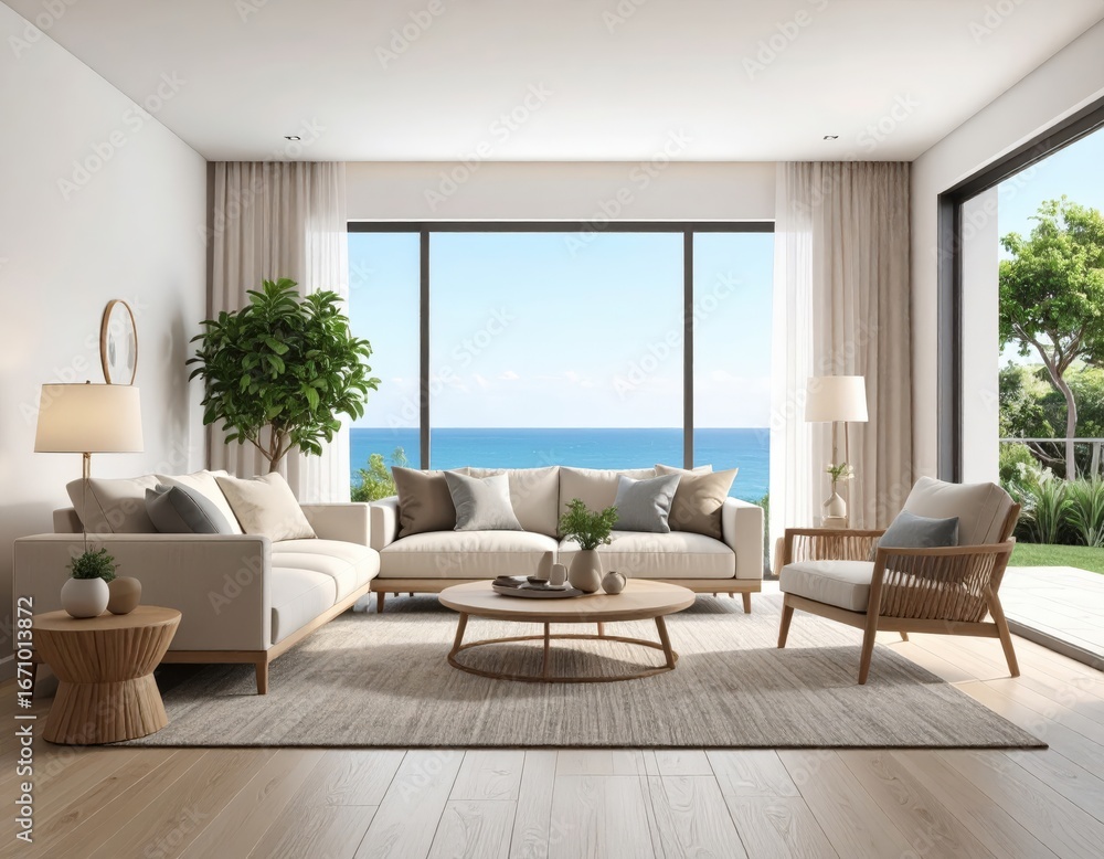 Fototapeta premium Serene Coastal Sanctuary Modern Living Room with a Vast Ocean Panorama.