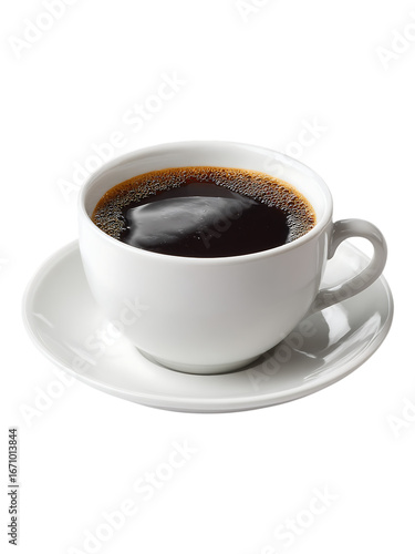 Black coffee in white ceramic cup, isolated on white background.