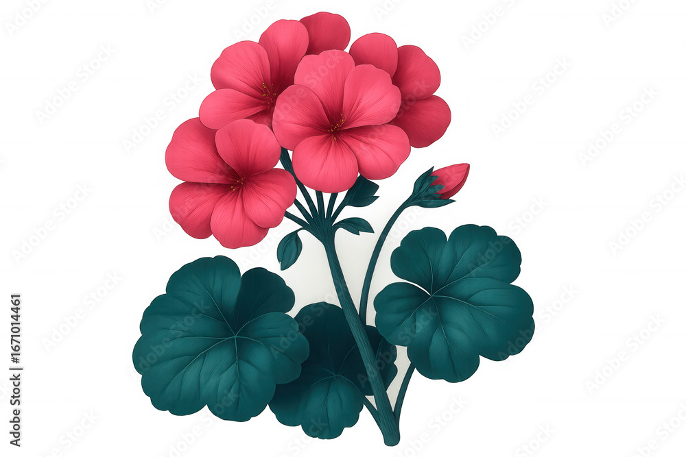 Fototapeta premium Watercolor geranium blooming with soft pink petals, verdant green foliage against transparent backdrop