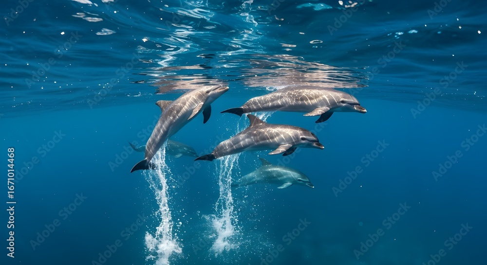 Obraz premium Dolphins jumping gracefully in the open sea, ocean wildlife scene