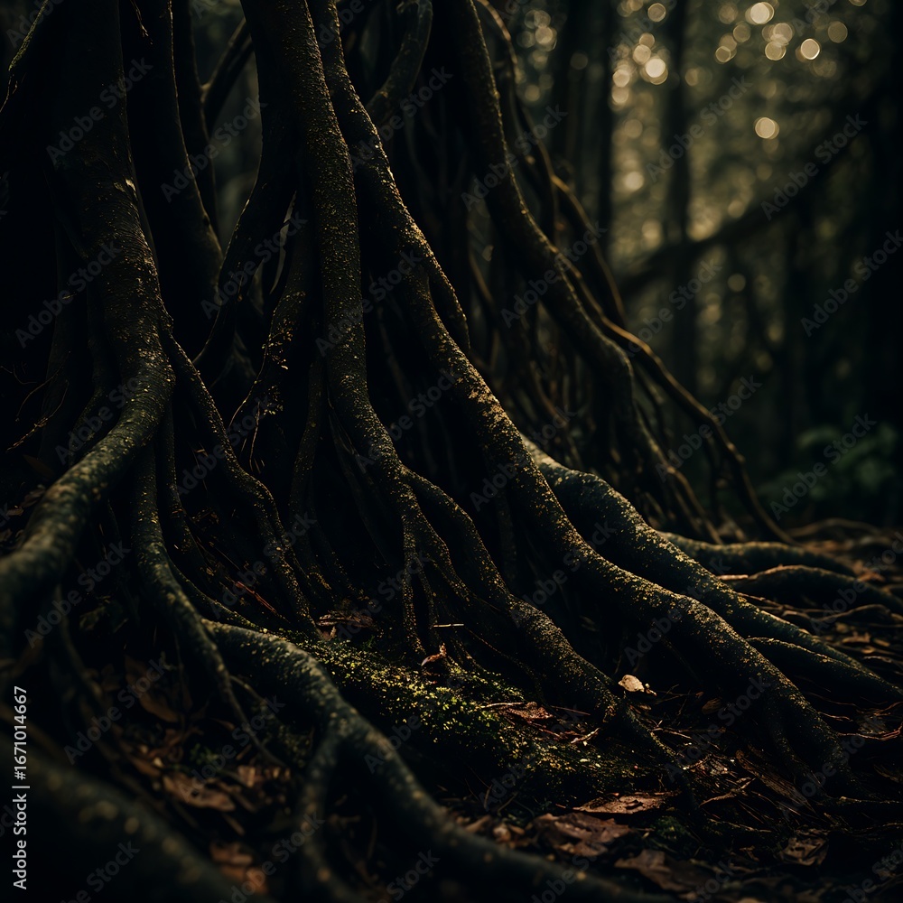 Fototapeta premium Intricate Tree Roots Dark Forest Floor with Moss and Bokeh