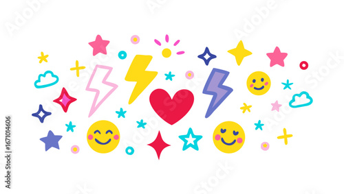 Cheerful cartoon icons stars hearts lightning clouds and smiley faces vector
