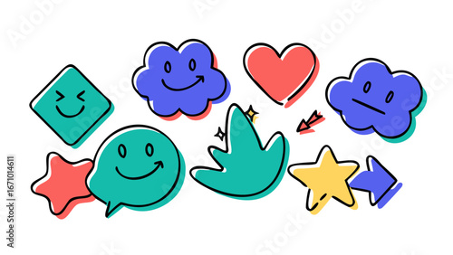 Cheerful cartoon shapes with faces and stars heart