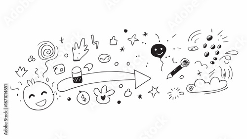 Cheerful doodle collection with happy face and arrow drawing sketch