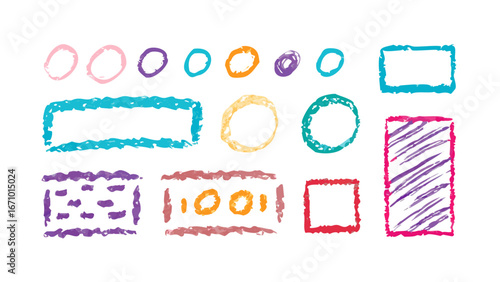 Colorful crayon drawn shapes and borders hand drawn
