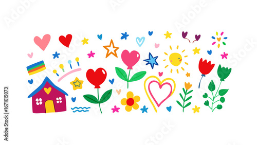 Colorful doodle collection of hearts stars flowers and sun rainbow