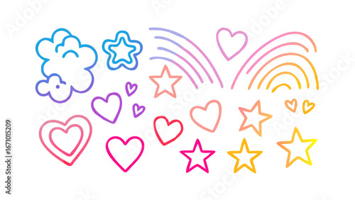 Colorful doodle hearts stars and rainbows doodles