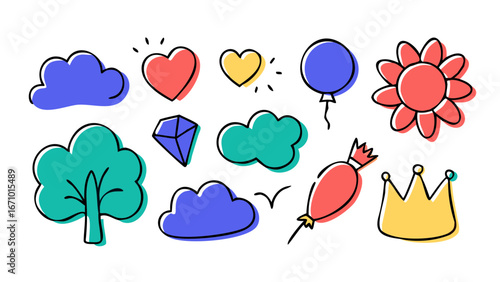 Colorful hand drawn icons of nature and fantasy objects cloud heart