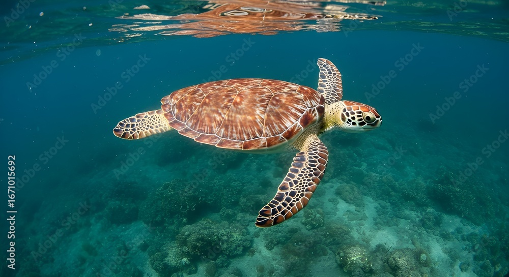 Obraz premium Sea turtle swimming gracefully underwater in clear ocean