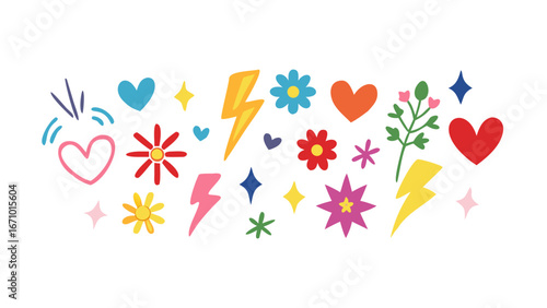 Colorful hearts lightning bolts and flowers stars
