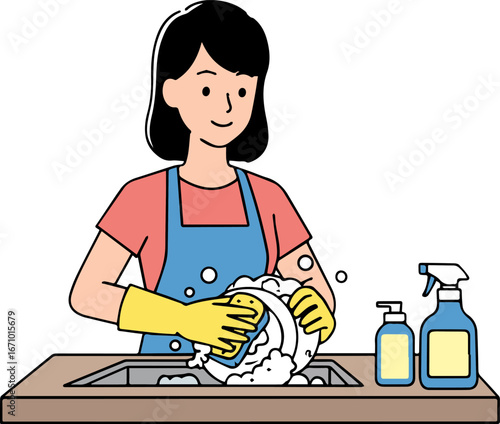 Illustration of a housewife washing dishes