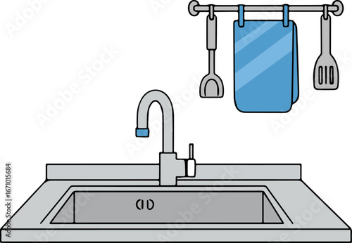Kitchen sink with faucet and hanging utensils providing a clean and organized cooking space in a modern home, promoting hygiene and efficiency.