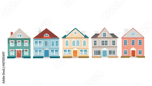 Colorful row of houses with varied architectural styles buildings architecture