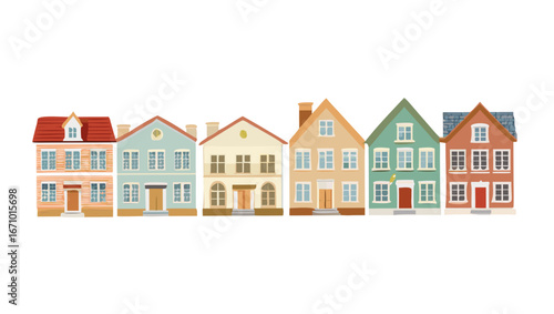 Colorful row of houses with varied windows and roofs buildings architecture