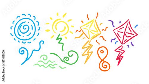 Colorful sun lightning bolts and kites icons swirl wave