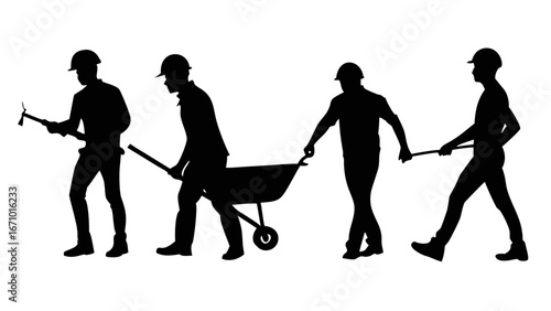 Construction workers pushing a wheelbarrow and carrying tools building labor