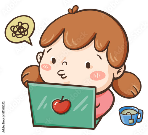 Cute girl character working on a laptop with a confused expression, ideal for education, online study, e-learning, or stress-related concepts.