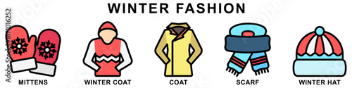 Winter Fashion colored icon set. contain mittens, winter coat, winter hat, scarf, coat and more. Vector for modern concept digital or print, car service, auto garage UI, UX, web and app development.