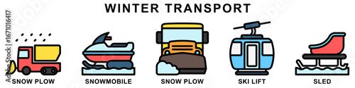 Winter transport outline color icons set. contain snow plow, snowmobile, ski lift, sled and more. Vector for modern concept digital or print, car service, auto garage UI, UX, web and app development.