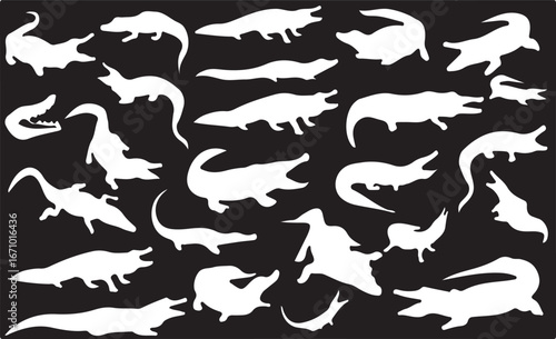 alligator, crocodile, silhouette, animal, reptile, wildlife, predator, swamp, marsh, water, creature, danger, fierce, jaws, teeth, tail, skin, pattern, graphic, illustration, design, black background,