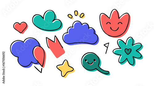 Cute doodle elements with happy faces and hearts cartoon shapes