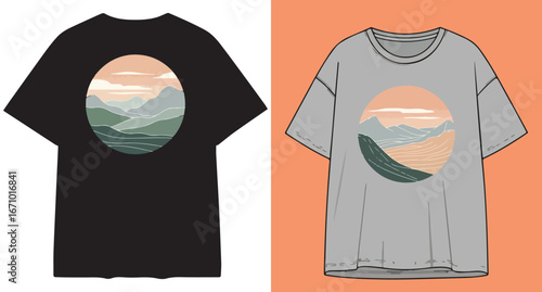 Two t-shirts displaying scenic nature designs one black the other grey with vibrant landscape graphics