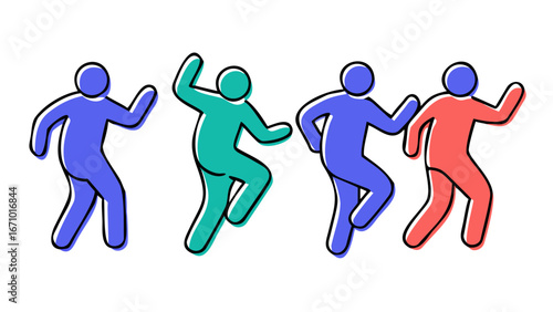 Dancing figures in blue teal and coral people silhouettes