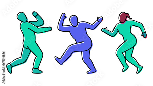 Dancing figures in teal and purple people silhouettes