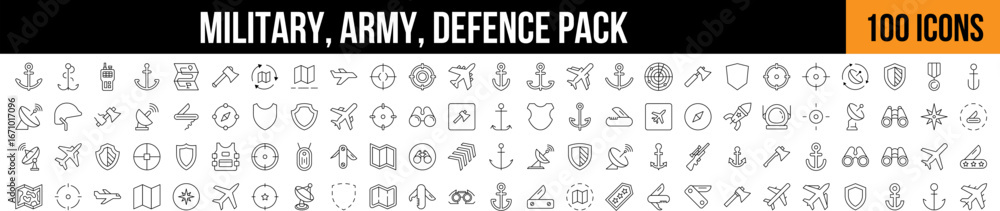 Fototapeta premium Military, Defense, Army Related Line Icon Collection. Editable Stroke. Perfect for Graphics, Designs, Books, Adverts, Apps