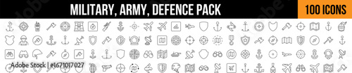 Military, Defense, Army Line Icon Collection. Editable Stroke. Perfect for Graphics, Designs, Books, Adverts, Apps